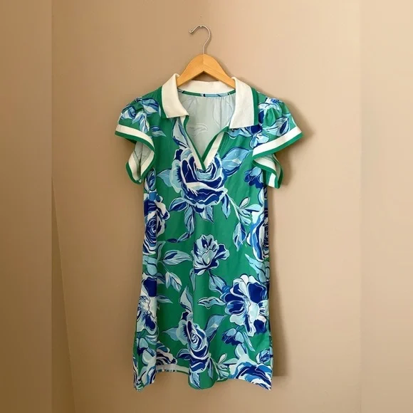 Boutique Dress Green and Blue Floral Mini Dress with collar Size Small - Picture 1 of 5